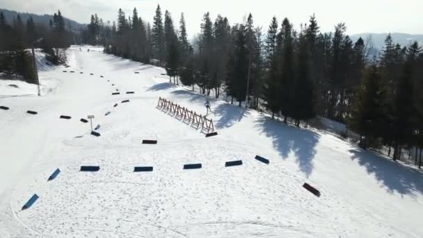 田径运动员在越野田径训练中穿着带有杆子的运动服的双人运动员空中风景 跟着一个在滑雪斜坡上训练的成年运动员 滑雪的概念 — 图库视频影像