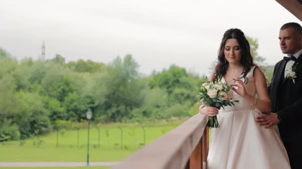 Newlyweds Walking Park Wedding Day Beautiful Bride Groom Holding Hands — Stock Video