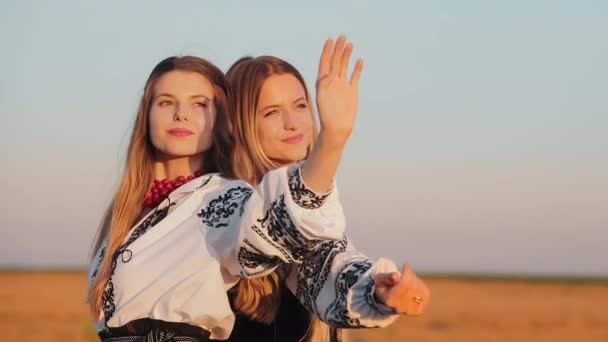 Two Beautiful Girls Stand Backs Each Other Wheat Field Sunset — Stock Video