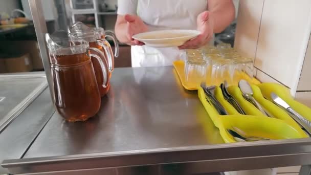 Woman Cook Serves Plate Soup Fast Food Restaurant — Stock Video