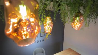 Modern Çiçek Stüdyosu İçi. Asılı ışıklarla çağdaş stüdyo içi