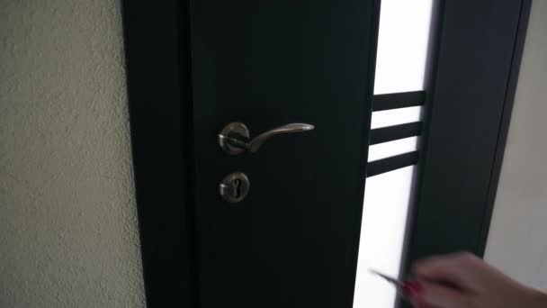 Opening Door Opportunity Persons Hand Turning Doorknob Opening Dark Door — Stock Video