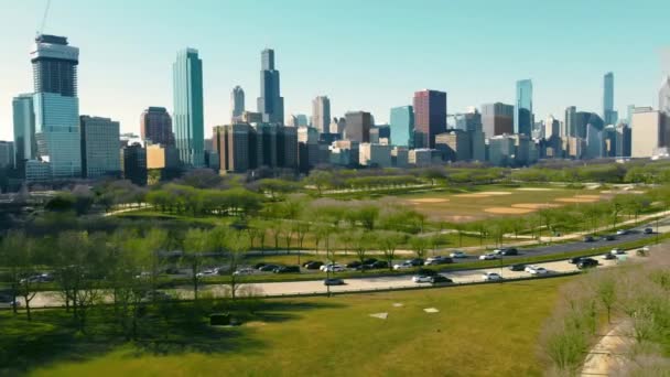 City Chicago Skyline Menghadap Green Urban Park Pemandangan Panorama Dari — Stok Video