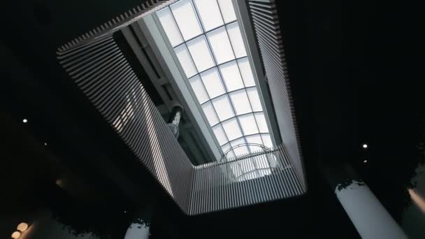 現代アトリウムの天井ビュー 幾何学的なパターンと自然光を備えた近代的なアトリウム天井の眺め — ストック動画