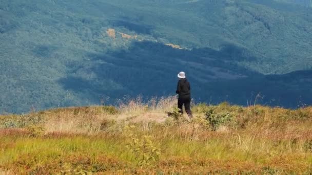 Lone Hiker Beundra Mountain Scenery Ensam Figur Står Och Funderar — Stockvideo