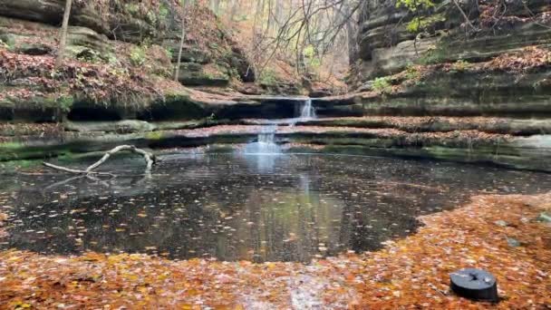 Autumn Waterfall Forest Serene Waterfall Cascading Leaf Strewn Pond Surrounded — Stock Video