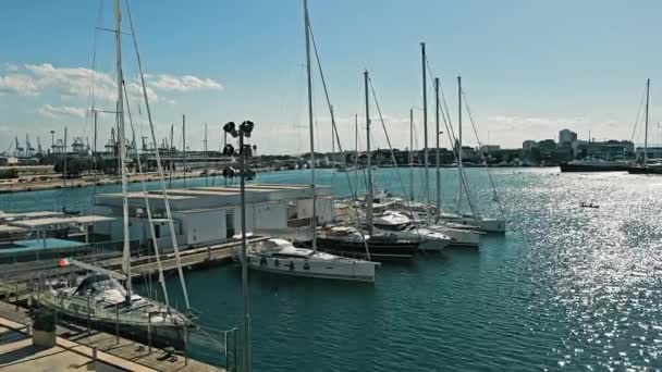 Marina Valencia Mit Industrieller Kulisse Hafen Von Valencia Lebendig Mit — Stockvideo
