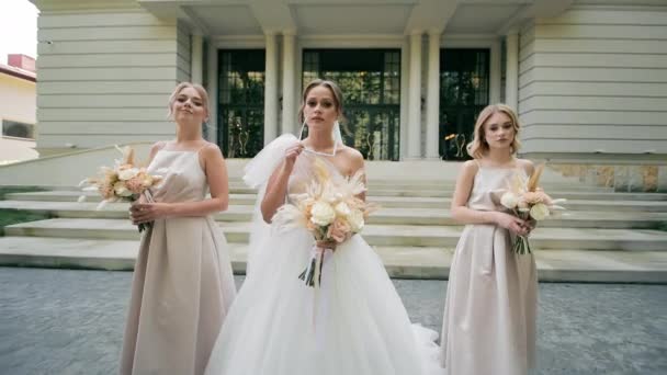 Νυφικό Κόμμα Κομψότητα Νύφη Παράνυμφοι Σικ Φορέματα Ποζάρουν Αυτοπεποίθηση Ένα — Αρχείο Βίντεο