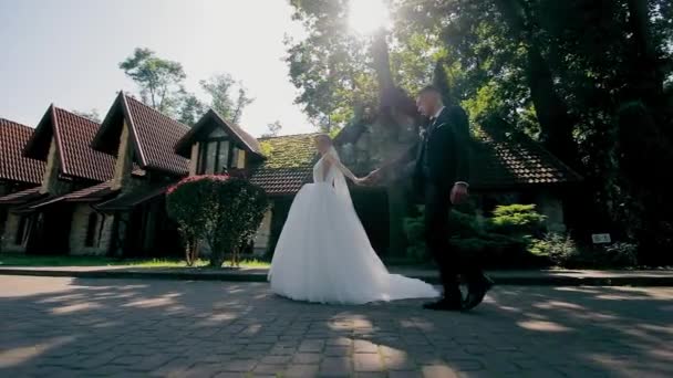 結婚式のカップルウォーキング 花嫁とグルーマンは 木を通して日光をフィルタリングしながら 道を歩いている間手を握ります — ストック動画