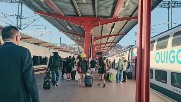 マドリード スペイン 2023 マドリード シャマルティン駅の通勤者と荷物を持った旅行者は 現代列車の背景にあるマドリード シャマルティン駅で旅に出発します — ストック動画