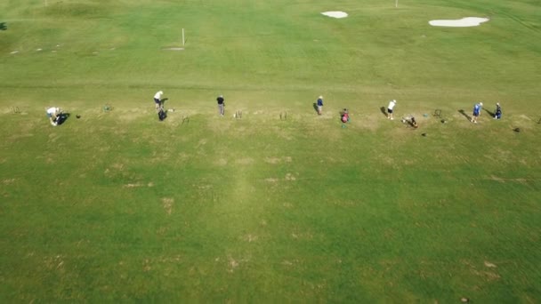 Vista Aérea Golfistas Campo Prístino Golfistas Disfrutando Día Soleado Campo — Vídeo de stock