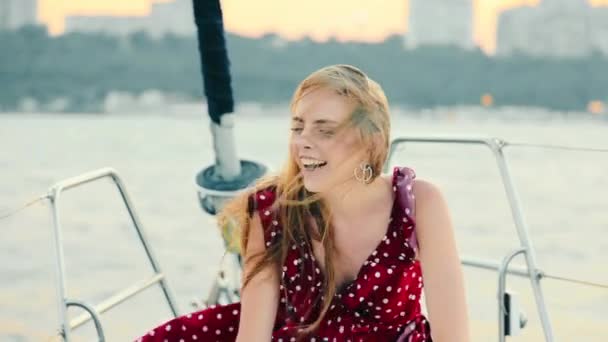 Joyful Woman Enjoying Yacht Ride Young Woman Red Dress Laughing — Stock Video