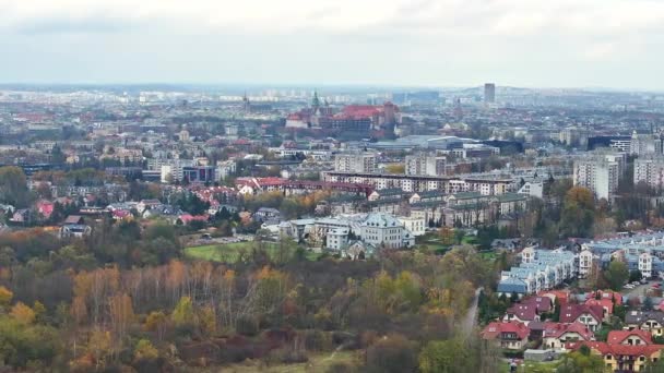 Panoramatický Pohled Panorama Krakova Podzim Rozlehlý Výhled Barevný Podzimní Baldachýn — Stock video