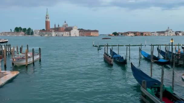 Veneza Itália 2024 Crepúsculo Nos Canais Veneza Gôndolas Estão Estacionadas — Vídeo de Stock