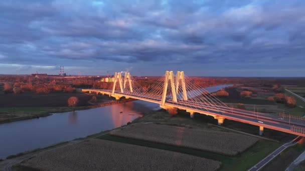 Nocny Widok Lotu Ptaka Nowoczesnego Mostu Zdjęcia Mostu Kablowego Oświetleniem — Wideo stockowe