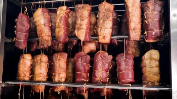 Assorted Meats Curing Smokehouse Diverse Stukken Vlees Die Worden Genezen — Stockvideo