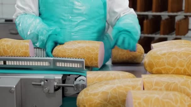 Processo Embalagem Carnes Curadas Técnico Cuidadosamente Manuseio Embalagem Carnes Curadas — Vídeo de Stock