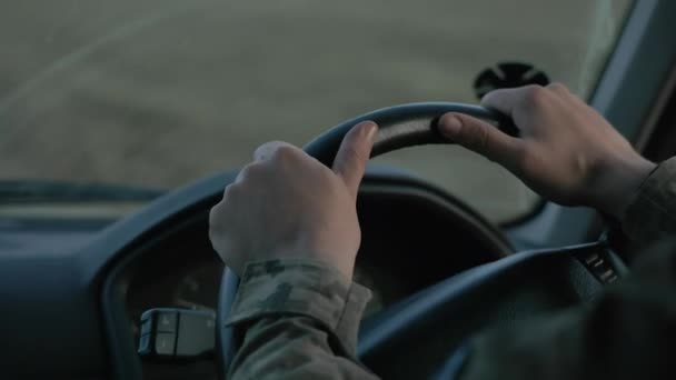 Soldier Ukrainian Army Close Soldiers Hands Steering Wheel Driving Vehicle — Stok Video