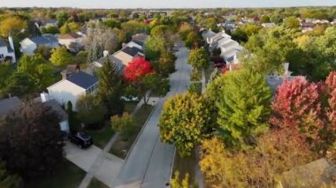 Autumn Colors 'daki Ağaç Çizgili Banliyö Caddesi. Canlı sonbahar yaprakları, renkli ağaçlar ve düzenli düzenlenmiş evlerle çevrili sessiz bir banliyö caddesinin havadan görünüşü.