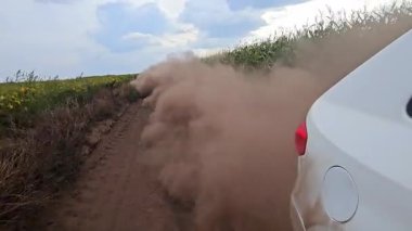 Toprak bir yolda toz bulutu yaratan araba, mısır ve ayçiçekli kırsal alan.