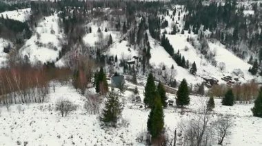 Karlı bir yamaçta, etrafı çam ağaçlarıyla çevrili, panoramik manzaralı kırsal evleri olan modern bir kulübe. Evin yakınına park edilmiş siyah bir araba var. Karla kaplı bir yolda..