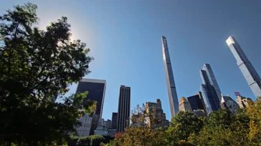 New York gökdelenleri ve ağaçlar, parlak mavi bir gökyüzünün altında, güneş ışığı yeşilliklerde parıldıyor.
