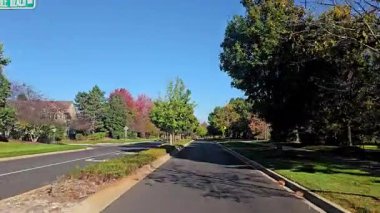 Ağaçları ve sonbahar renkleriyle sessiz bir banliyö caddesi güneşli bir günde açık mavi gökyüzü.