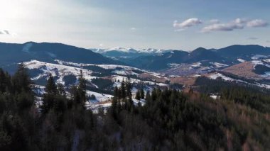 Ormanı ve yuvarlanan tepeleri olan karlı dağ vadisi, karla kaplı bir dağ vadisinin panoramik manzarası, her yer yeşil ormanlarla çevrili..