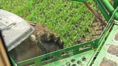 Arka tekerleği ve metal basamakları gösteren traktörün görüntüsü, genç ekin tarlasında tarımsal makineler sürüyor.