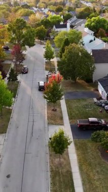 Ağaçlarla kaplı caddeleri ve evleri olan banliyö mahallesinin havadan görünüşü - ağaçlarla kaplı caddeleri, düzgün düzenlenmiş evleri ve canlı yeşillikleri olan bir banliyö mahallesini gösteren huzurlu bir hava manzarası