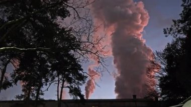 Ormanın Üzerinde Kalın Endüstriyel Buhar Fabrika bacalarından Alacakaranlık Kirliliği.