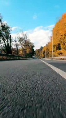 Hızla giden bir arabanın bagajından yol manzarası. Aracın arkasından rayların görüntüsü