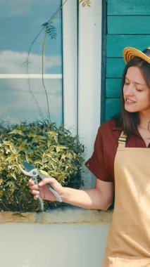 Genç bir kadın evindeki pencere eşiğinde çiçeklerle ilgileniyor. Çiçek açan bitkileri günlük bahçıvanlık rutininde nazikçe yetiştiriyor..