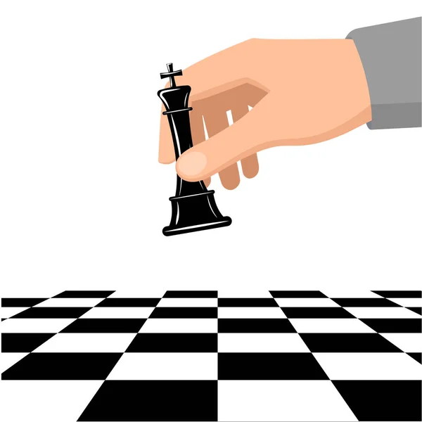 Man Hand Holds Chess Piece King Chessboard Vector Element Flat — Stock Vector