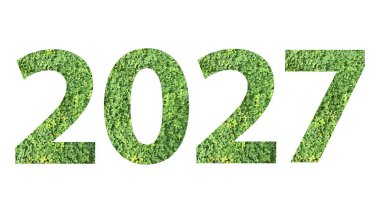 2027, yeşil çimenden yapılan yıl temalı tasarım şeffaf arkaplanda izole edilmiş, PNG, şablon tasarımı için uygun