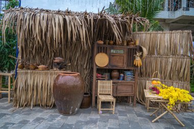 Traditional red lanterns, gifts and decorations at resort for tourist taking photo during Tet Holiday. Decoration item for Lunar new year.