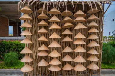 Traditional red lanterns, gifts and decorations at resort for tourist taking photo during Tet Holiday. Decoration item for Lunar new year.