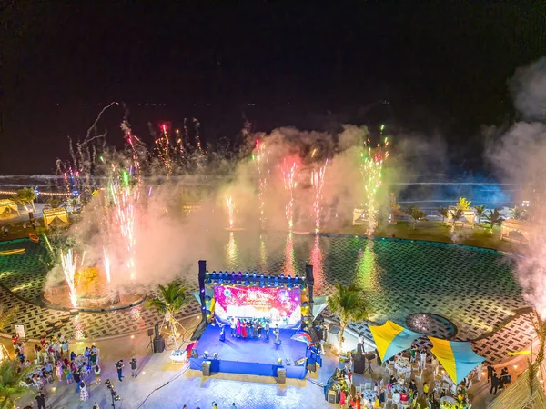 Beautiful Colorful Holiday Fireworks Evening Sky Pool Year End Party — Foto de Stock