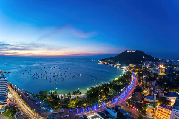 Vung Tau City Aerial View Beautiful Sunset Many Boats Panoramic — Stok fotoğraf