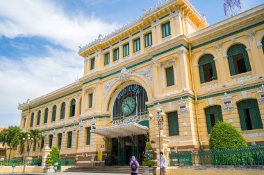 Ho Chi Minh City, Vietnam - FEB 12 2022: Saigon Central Post Office is a post office in the downtown Ho Chi Minh City, Vietnam. Popular place to visit in Saigon. Travel destinations in Vietnam