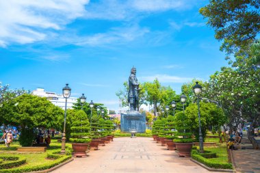 VUNG TAU - MAR 13 2022: Tran Hung Dao statue in Vung Tau city in Vietnam. Monument of the military leader on blue sky background