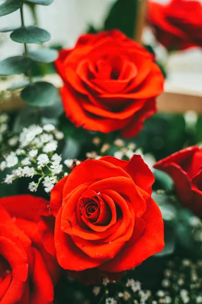 Ramo Rosas Rojas Frescas Flor Fondo Brillante Primer Plano Una — Foto de Stock
