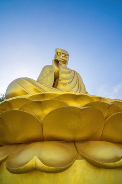 Golden Buddha statue's hand holding lotus at Chon Khong Monastery.