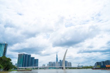 Ho Chi Minh city, Vietnam - MAY 22 2022: Thu Thiem 2 bridge, connecting Thu Thiem peninsula and District 1 across the Saigon River in Bach Dang port