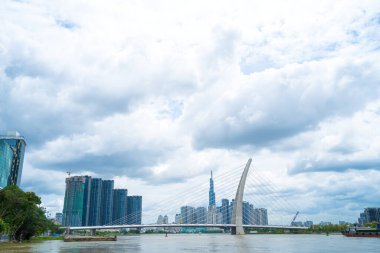 Ho Chi Minh city, Vietnam - MAY 22 2022: Thu Thiem 2 bridge, connecting Thu Thiem peninsula and District 1 across the Saigon River in Bach Dang port