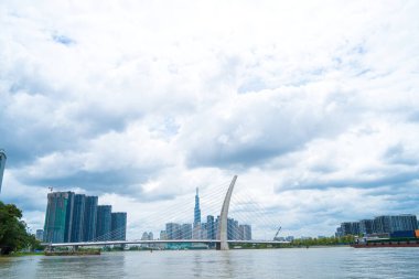 Ho Chi Minh city, Vietnam - MAY 22 2022: Thu Thiem 2 bridge, connecting Thu Thiem peninsula and District 1 across the Saigon River in Bach Dang port