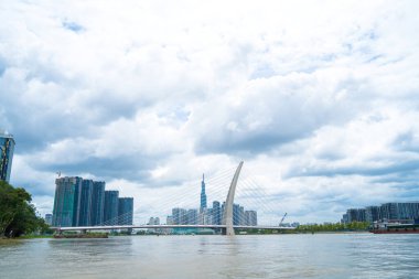 Ho Chi Minh city, Vietnam - MAY 22 2022: Thu Thiem 2 bridge, connecting Thu Thiem peninsula and District 1 across the Saigon River in Bach Dang port