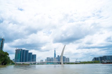 Ho Chi Minh city, Vietnam - MAY 22 2022: Thu Thiem 2 bridge, connecting Thu Thiem peninsula and District 1 across the Saigon River in Bach Dang port