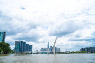Ho Chi Minh city, Vietnam - MAY 22 2022: Thu Thiem 2 bridge, connecting Thu Thiem peninsula and District 1 across the Saigon River in Bach Dang port