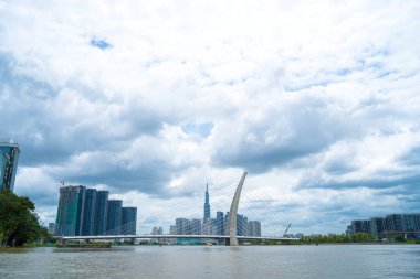 Ho Chi Minh city, Vietnam - MAY 22 2022: Thu Thiem 2 bridge, connecting Thu Thiem peninsula and District 1 across the Saigon River in Bach Dang port